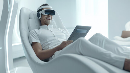 In a minimalistic room, a man engages with a VR device while reclining in a chair, absorbed in the digital world