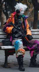 Photo of a white-faced person, wearing Japanese streetwear clothing and colorful traditional weapons, holding a futuristic rifle in his hand, sitting on a park bench.