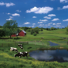 Cows grazing on a farm with a blue sky and some clouds - AI Generated