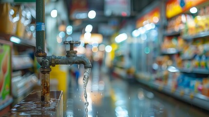 Close-up of a leaking tap over a pipe, with a blurred supermarket aisle in the background, highlighting everyday problems