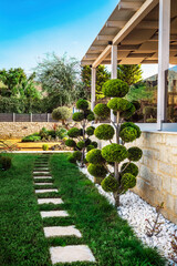 Garden design of a private villa or house featuring a lush green lawn with meticulously trimmed trees fashioned into round shapes.