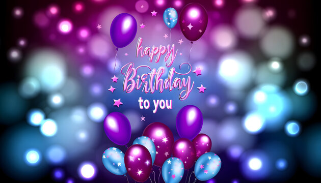A happy birthday greeting image with a vibrant backdrop. The background feature a bokeh effect with a blend of deep purples and blues