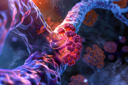 Close up of a color image depicting the inflammation and obstruction in the airway during a bronchitis flare-up