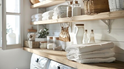 Fototapeta na wymiar Bright and airy laundry room featuring hanging shelves full of essentials, captured up-close to inspire organization ideas