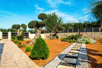 A picturesque garden scene with olive trees pruned into spherical shapes, set against a red ground devoid of grass, with a pathway leading towards a vibrant flowerbed.