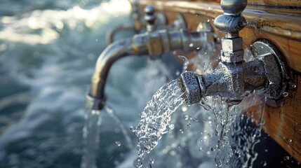 A vivid portrayal of a water leak problem from a pipe near the tap, aboard a tourist boat, emphasizing the need for prompt repair