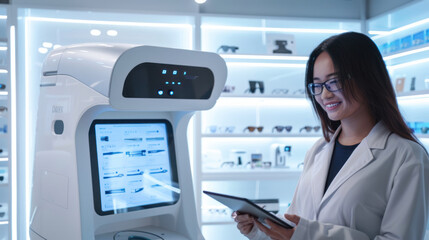 A female scientist examines a high-tech device with an interactive screen while holding a tablet - 774155735