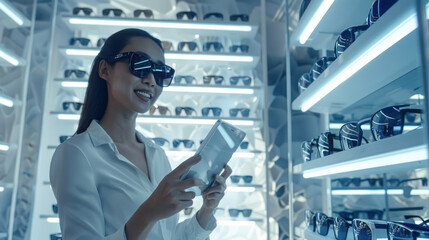 A woman analyzes high-tech smart glasses in a future forward tech store
