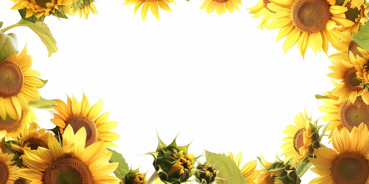Photo frame with sunny sunflowers on a white background, perfect for a summer poster or garden store advertisement.