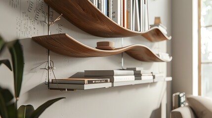 A detailed view of a distinctive shelf rack, integrating hanging shelves and book storage solutions in an inspired, unique design - obrazy, fototapety, plakaty