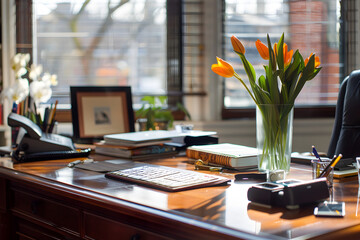A desk with a vase of orange tulips on it. The desk is cluttered with books, a keyboard, and a cell...