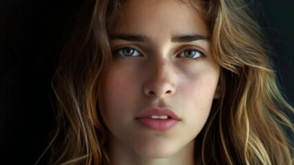 Pretty woman talk isolated on black background. Attractive girl speech close up. Young adult person look camera. Beautiful female face closeup. Lip sync concept. Model at studio without make up - Powered by Adobe