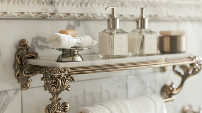 A detailed view of inspired vintage bathroom shelves, featuring ornate shower shelf designs that blend functionality with timeless beauty