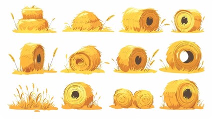 An agricultural rural haystack and roll for farm design. Cartoon modern illustration set of bales of straw stacks for fodder and forage, countryside animals care or autumn harvest concept. - obrazy, fototapety, plakaty