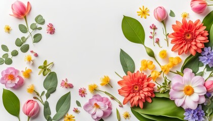 Flowers composition. Frame made of flowers on white background. Flat lay, top view. AI generated