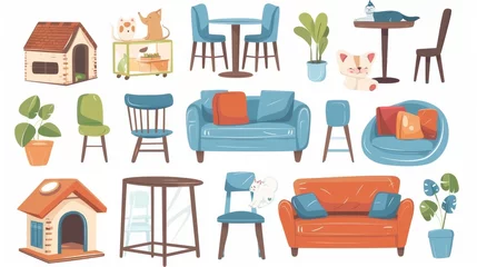 Gartenposter Design elements of a pet friendly cafe isolated on a white background. Modern illustration of a coffee shop interior with a couch, an animal house, and toys. © Mark