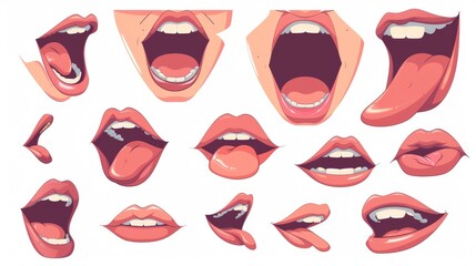Cartoon modern illustration set of young female character face speaking and pronouncing the English alphabet with different positions of lips and tongue.