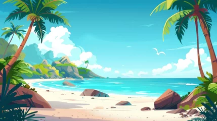 Poster The tropical shoreline of the sea has calm blue water, sand, rocks, palm trees, and clouds in the sky. Cartoon modern summer sunset scenery of a lagoon and sand. © Mark