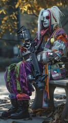 Photo of a white-faced person, wearing Japanese streetwear clothing and colorful traditional weapons, holding a futuristic rifle in his hand, sitting on a park bench.