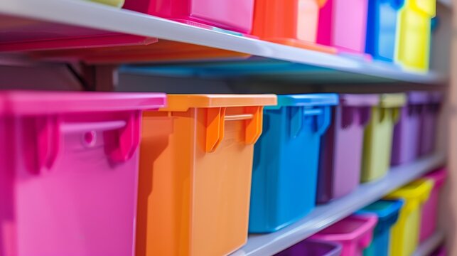 A close-up of innovative closet shelf ideas featuring colorful plastic storage bins, capturing an inspired approach to organization