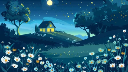 Fototapeten The cartoon scene shows daisey flowers on a field at dusk, a firefly, and light shining from windows of a single rural house. This is a spring or summer dusk scene with blossoms and trees. © Mark