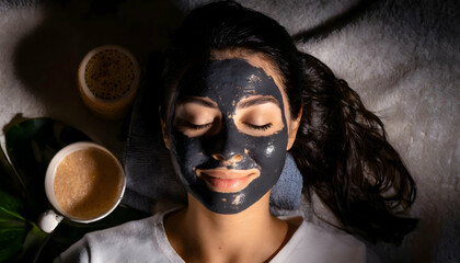 Woman relaxing with a charcoal facial mask and top view, high quality photography on digital art concept, Generative AI.