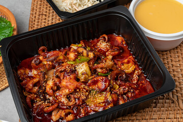 Korean food, webfoot octopus, stir-fry, pork belly, rice, lunch box, shrimp, bean sprout soup, steamed eggs, chili peppers, garlic, radish wraps, flying fish roe, perilla leaf