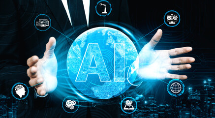 AI Learning and Artificial Intelligence Concept - Icon Graphic Interface showing computer, machine...