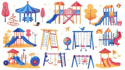 The set of kids outdoor activities equipment for parks, kindergartens, and public playgrounds features carousels, sandpits with toys, and seesaws.
