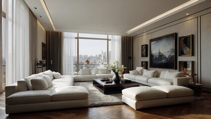living room interior,A spacious and modern living room with white couches, a large painting, and a stunning view of the city.