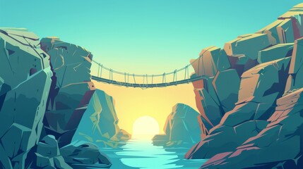 A rope footbridge spanning a dangerous abyss between rocky suspension cliffs, in a cartoon modern summer landscape with water, sharp edges and hazard chasm.
