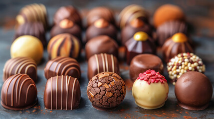 Assorted chocolates, luxury chocolate bonbons, close up. Food Background.	