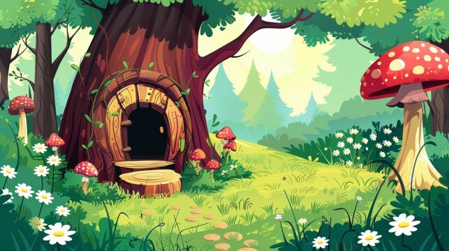 A tiny fantasy wood stump house with mushrooms in a forest leads to a fairy elf or animal home in a woodland in summer. Cartoon modern landscape with trees and flowers in summer.