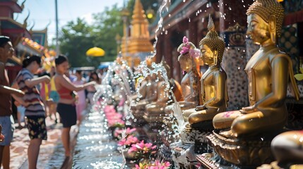 Buddhists Pouring Water Over Buddha Statues for Spiritual Blessing During Songkran Festival in Serene Temple Setting - obrazy, fototapety, plakaty