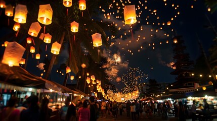 Enchanting Night View of Floating Lanterns Illuminating the Sky During Joyous Songkran Festival in Thailand