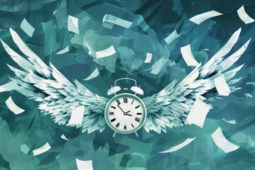 Deadline Rush Illustration of a clock with wings surrounded by papers flying capturing the essence of time pressure
