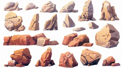 Fotobehang Bergen Set of sandstone boulders with uneven cracked surfaces. Modern cartoon illustration of mountain or desert landscape design elements, wild west canyon terrain.
