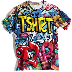 Word "TSHIRT" 3D graffiti style, graffiti font, Blue, Red, Gold & Purple color, on shirt.
