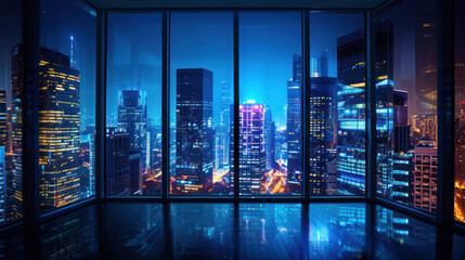 Ethereal blue tones color a city skyline, viewed through the floor-to-ceiling windows of a sleek interior space - obrazy, fototapety, plakaty
