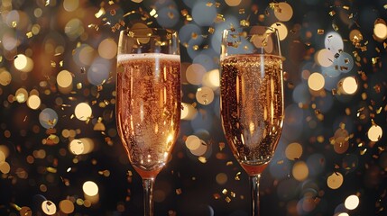 Two elegant champagne flutes filled with bubbly liquid, likely champagne or sparkling wine. The glasses are almost touching each other, resembling a toast - obrazy, fototapety, plakaty