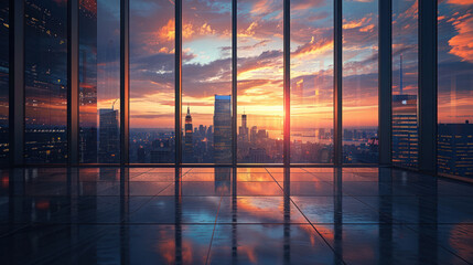 The warmth of a setting sun bathes a cityscape in golden tones, seen from a glass high-rise building