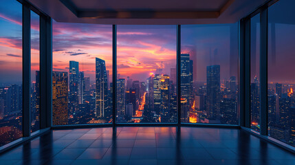 Nighttime cityscape illuminated by city lights as seen through the glass walls of a modern, minimalist room