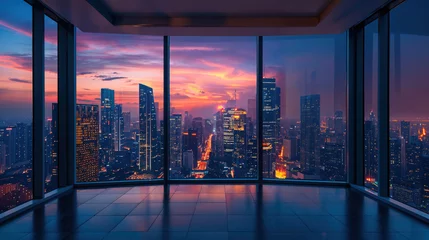 Poster Nighttime cityscape illuminated by city lights as seen through the glass walls of a modern, minimalist room © Fxquadro