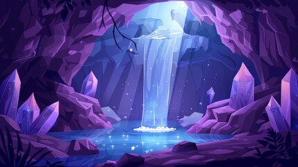 Underwater cave with river, waterfall and gemstone crystals. Cartoon deep landscape with view through entrance or hole in the stone cavern on water lit by moonlight. - obrazy, fototapety, plakaty