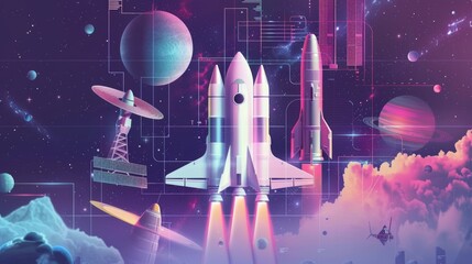 Spaceship, rocket and satellite grid 3D shapes on a retro 00s poster design layout. Modern banner or poster template for cosmic technology on a retro 00s poster design layout.