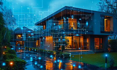 Smart home connected to digital security systems, analyzing data to detect potential threats and suspicious activities, ensuring safety through AI powered monitoring and analytics