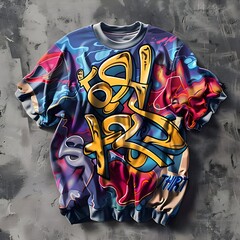 Word "TSHIRT" 3D graffiti style, graffiti font, Blue, Red, Gold & Purple color, on shirt.