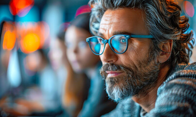 Silhouettes of office employees working on computers in a cybersecurity training session, learning to protect company data from hacking threats under neon red lights in a futuristic setting