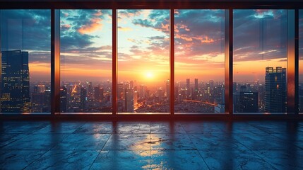 A breathtaking panoramic sunset view over a cityscape as seen through the large windows of a high-rise building
