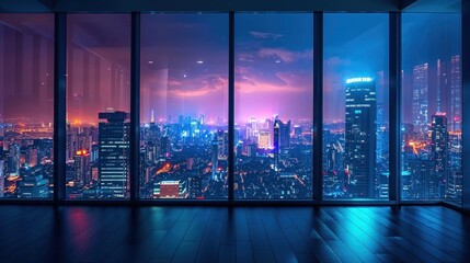 Vibrant dusk cityscape seen through a panoramic window of a high-rise, reflecting the city lights and twilight hues